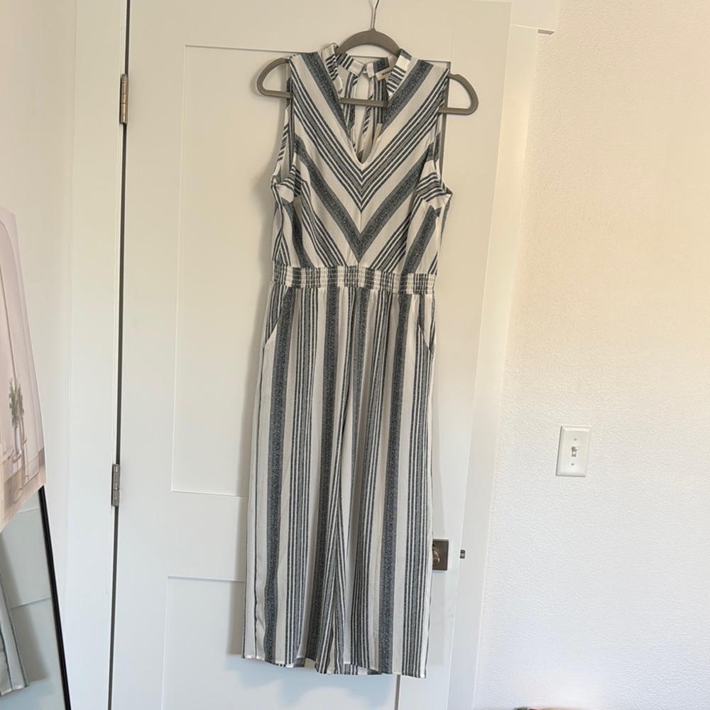 Monteau White and Blue Jumpsuit Sleeveless V-Neck